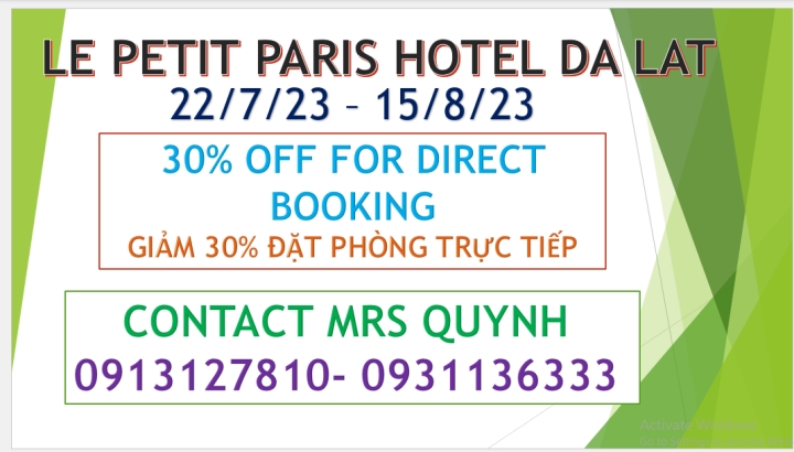 Đặt phòng khách sạn Đà Lạt  2023 - giảm 30% - Liên hệ : 0913127810 Mrs Quynh 